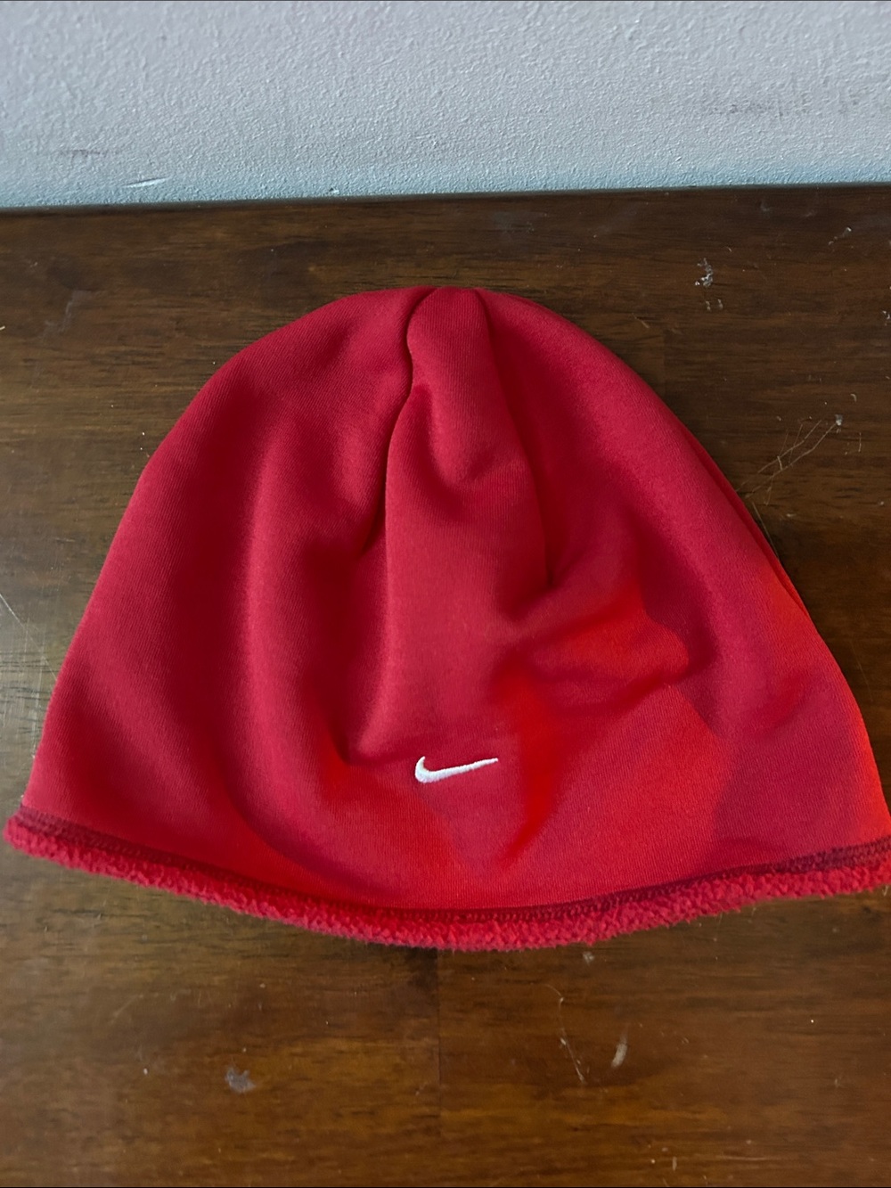 Nike Red Fleece Beanie with White Swoosh
